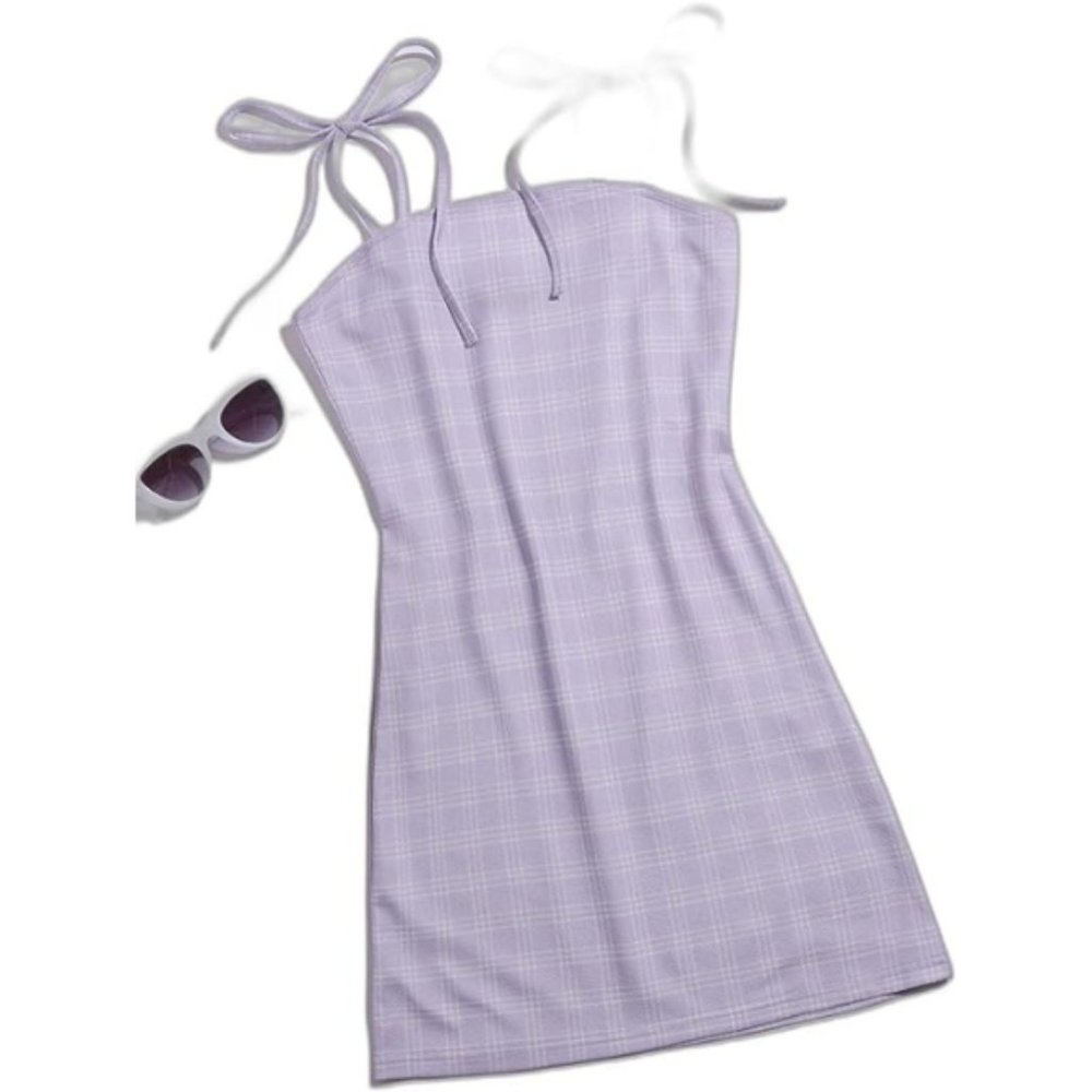 SHEIN Self Tie Plaid Cami Bodycon Mini Dress Lilac